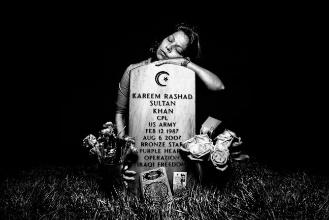 Elsheba Khan at the grave of her son, Specialist Kareem Rashad Sultan Khan